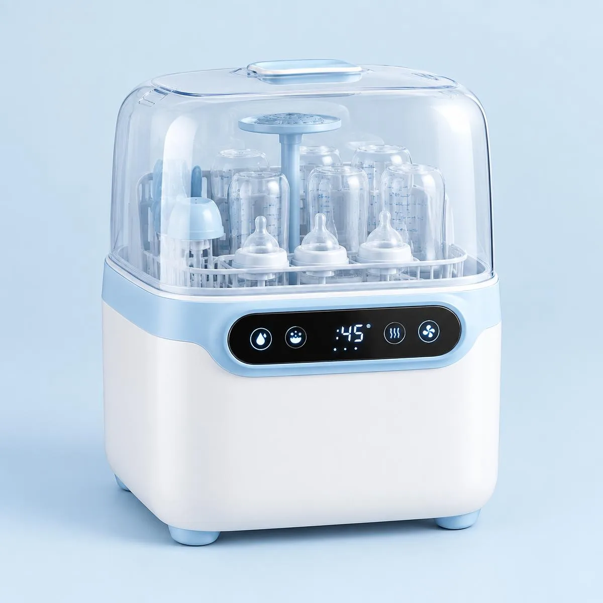 CleanNest bottle washer with a clear lid, loaded with baby bottles and nipples